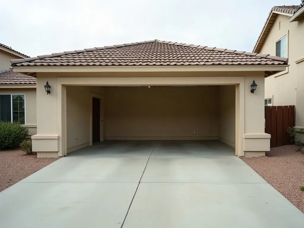 The same garage and driveway completely empty, the concrete swept clean and the garage bare