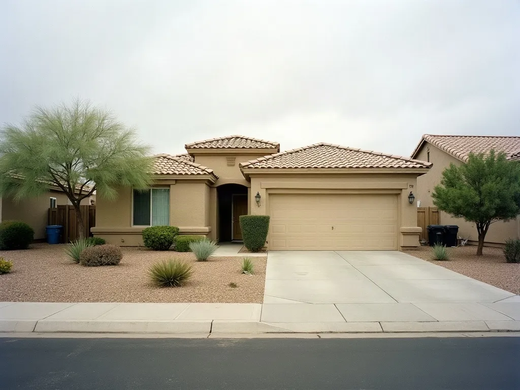 A quiet East Valley residential street of single storey stucco homes with tile roofs and gravel front yards
