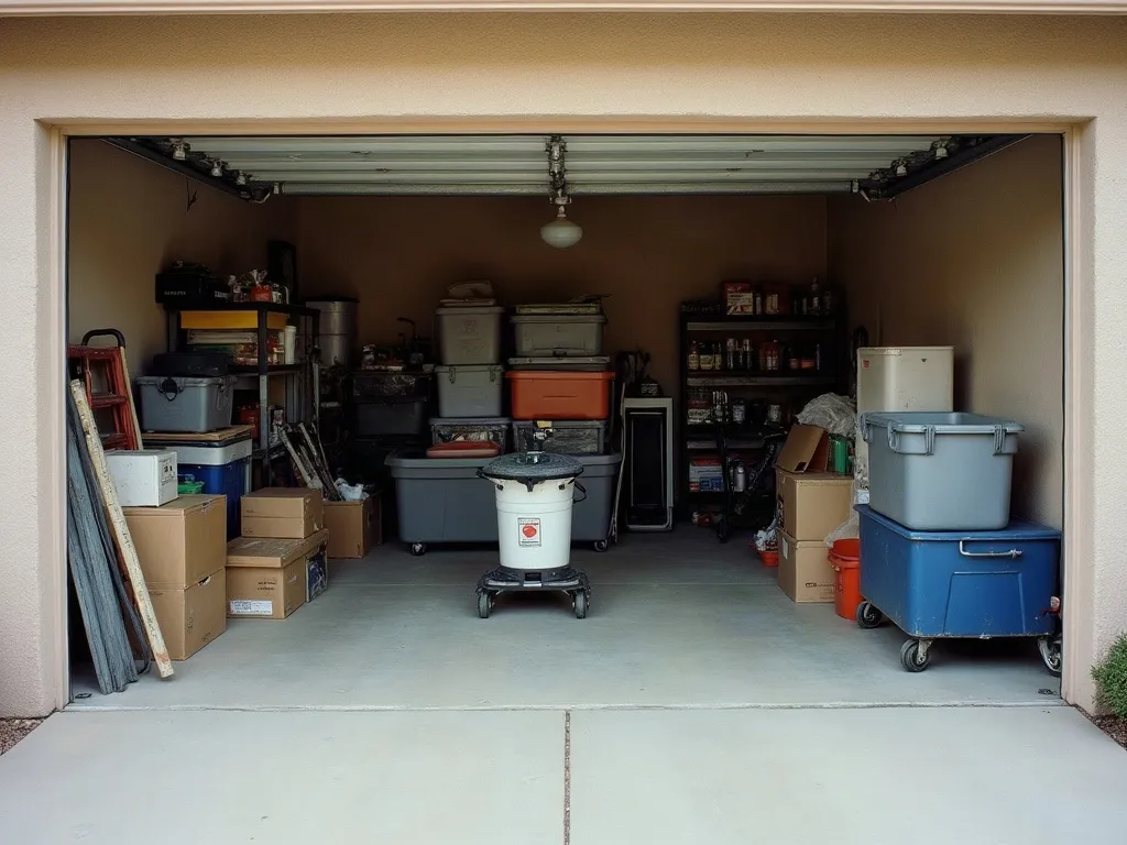 A packed suburban garage filled with storage totes, shelving, bicycles and boxes