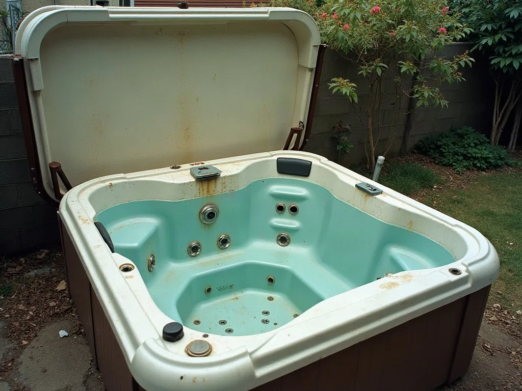 A worn out hot tub on a residential patio ready for removal